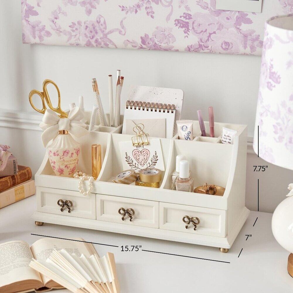 LoveShackFancy Regency Beauty Organizer White Gold Bow 3 Drawers Makeup Holder